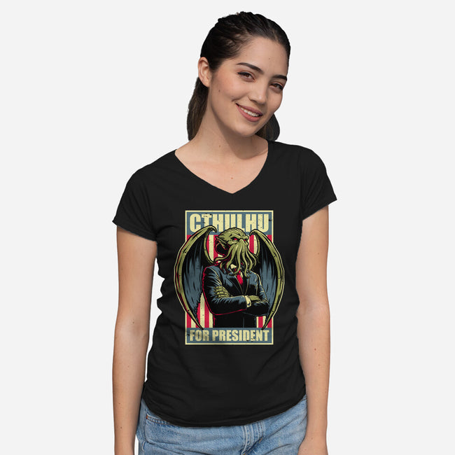 Cthulhu For President-Womens-V-Neck-Tee-Studio Mootant