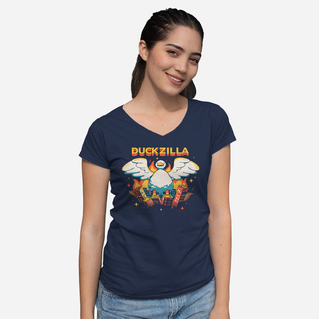 Duckzilla-Womens-V-Neck-Tee-yumie