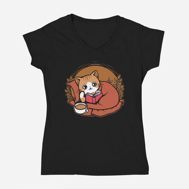 Comfy Cat Book-Womens-V-Neck-Tee-Studio Mootant