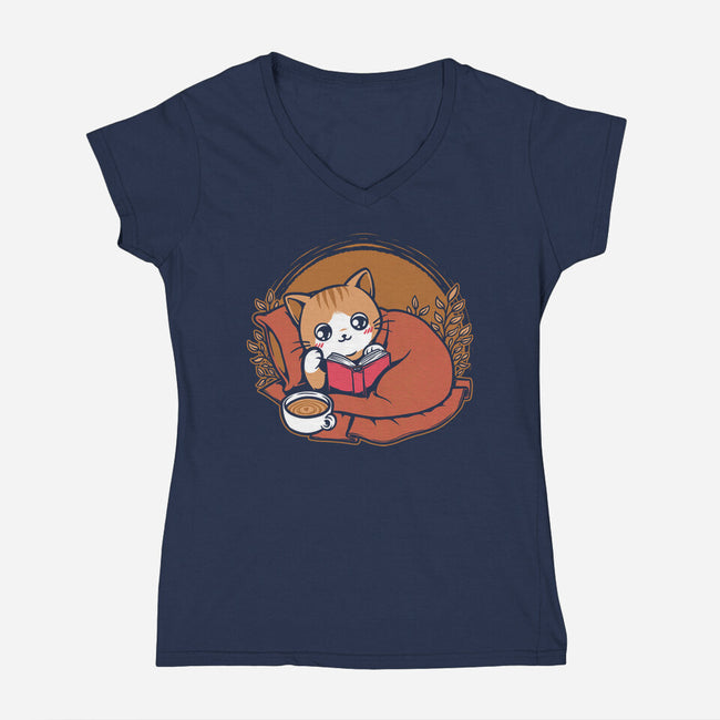 Comfy Cat Book-Womens-V-Neck-Tee-Studio Mootant