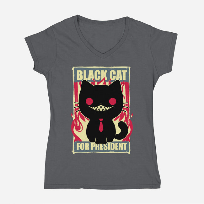 Black Cat For President-Womens-V-Neck-Tee-Studio Mootant