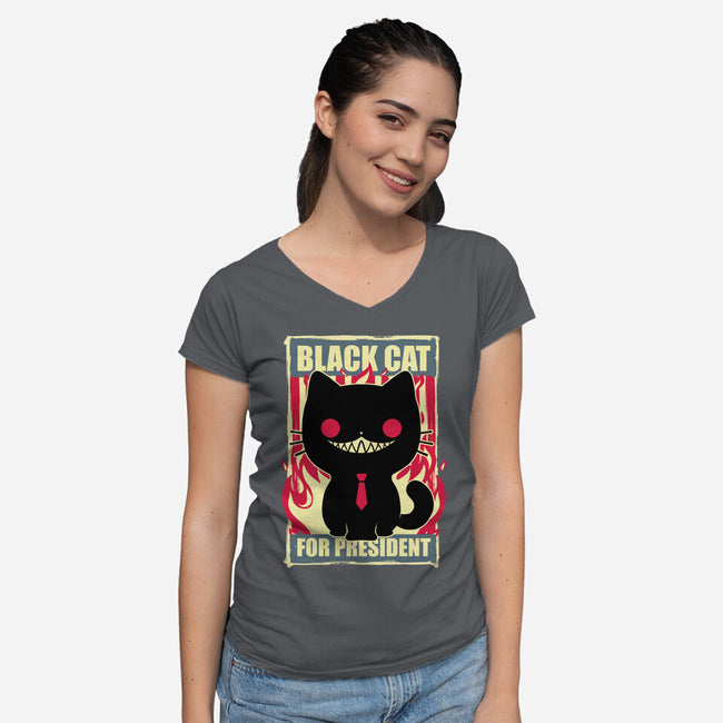 Black Cat For President-Womens-V-Neck-Tee-Studio Mootant