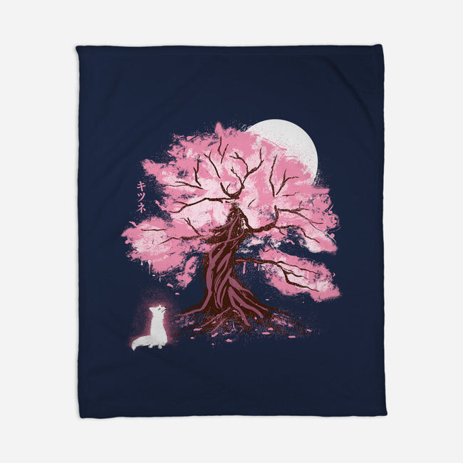 Fox At Sakura Tree-None-Fleece-Blanket-IKILO