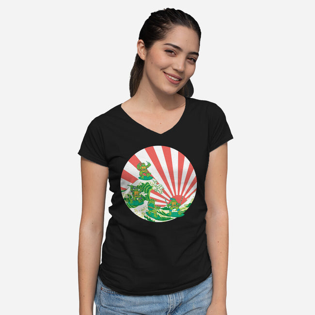 The Great Wave Of Cowabunga-Womens-V-Neck-Tee-dalethesk8er