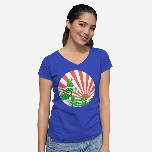 The Great Wave Of Cowabunga-Womens-V-Neck-Tee-dalethesk8er