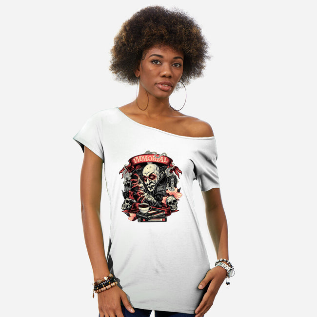 The Blood Of The Immortal-Womens-Off Shoulder-Tee-glitchygorilla