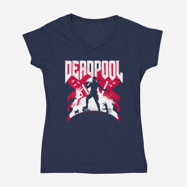 Deadpool Doom-Womens-V-Neck-Tee-rocketman_art