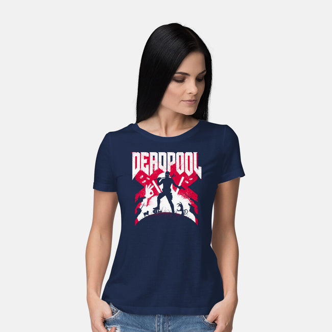 Deadpool Doom-Womens-Basic-Tee-rocketman_art