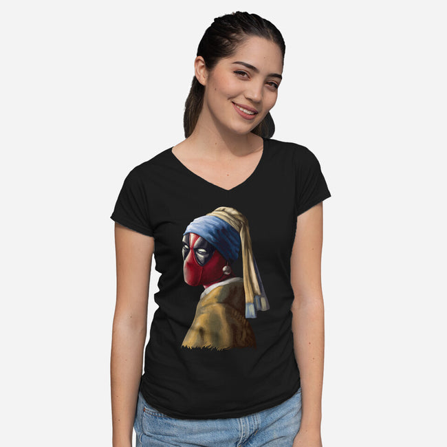 Hero With A Pearl Earring-Womens-V-Neck-Tee-daobiwan