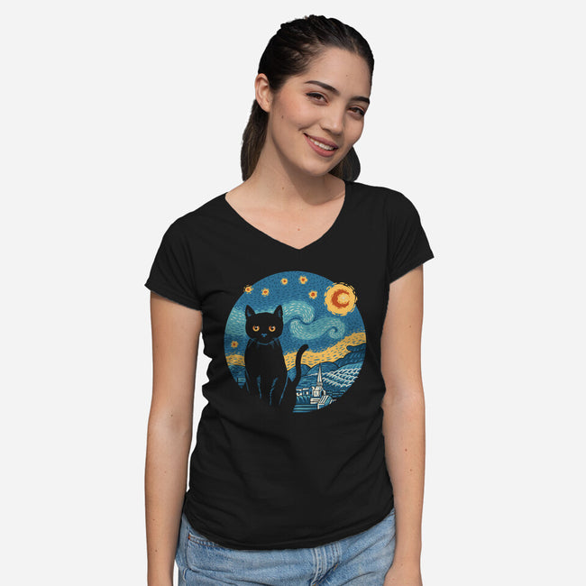 Purrfect Starry Cat-Womens-V-Neck-Tee-vp021