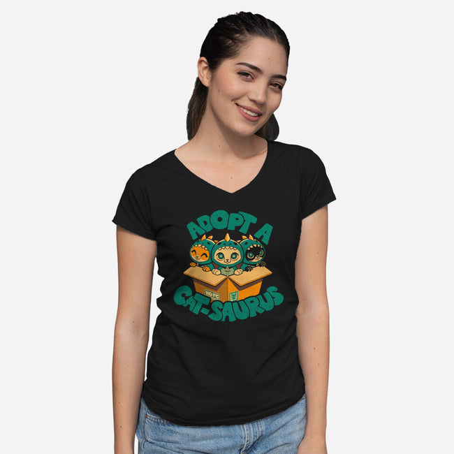 Adopt A Catsaurus-Womens-V-Neck-Tee-worlddominationforcats