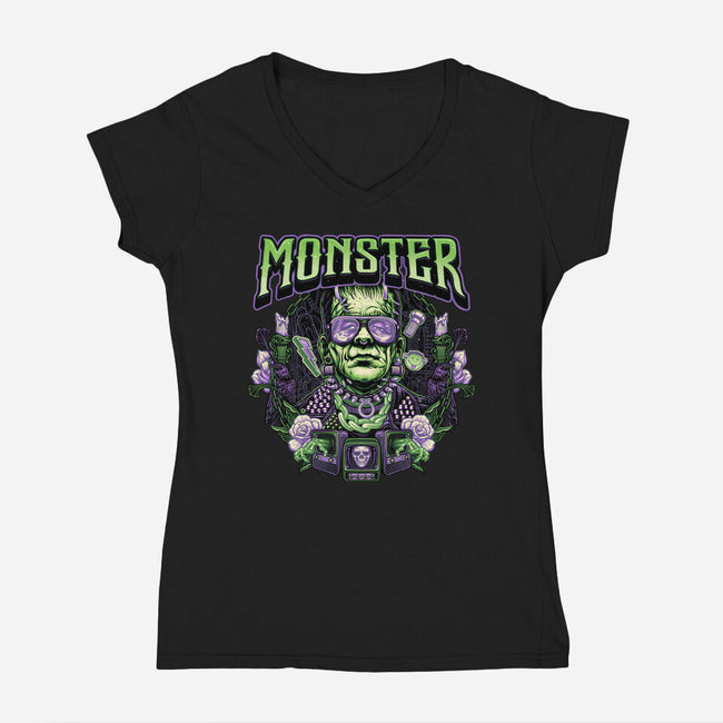 Punk Monster-Womens-V-Neck-Tee-glitchygorilla