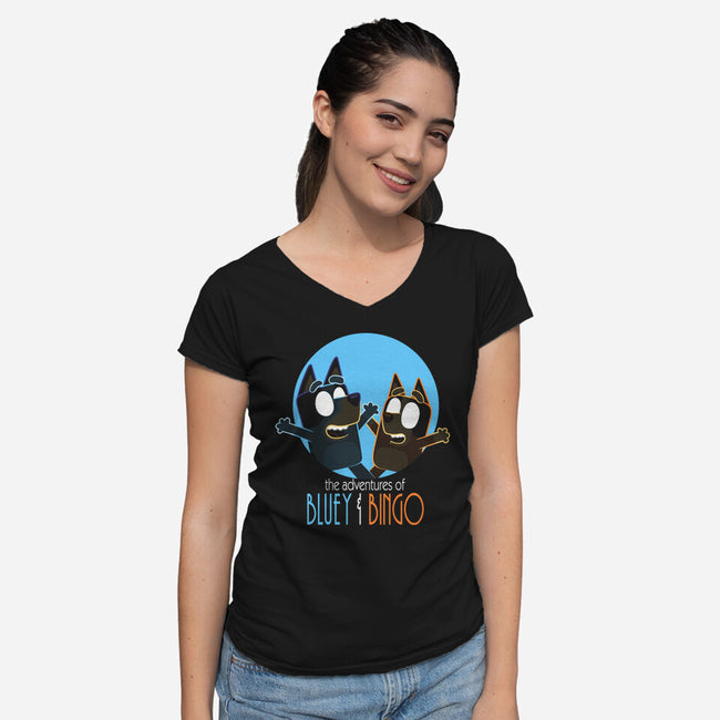 The Adventures Of Bluey And Bingo-Womens-V-Neck-Tee-jasesa