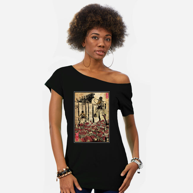 The King Of Monsters In Maria's Wall-Womens-Off Shoulder-Tee-DrMonekers