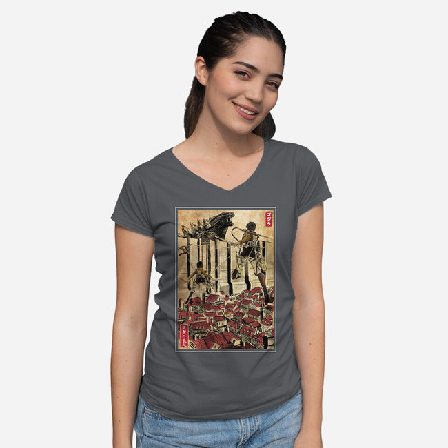 The King Of Monsters In Maria's Wall-Womens-V-Neck-Tee-DrMonekers