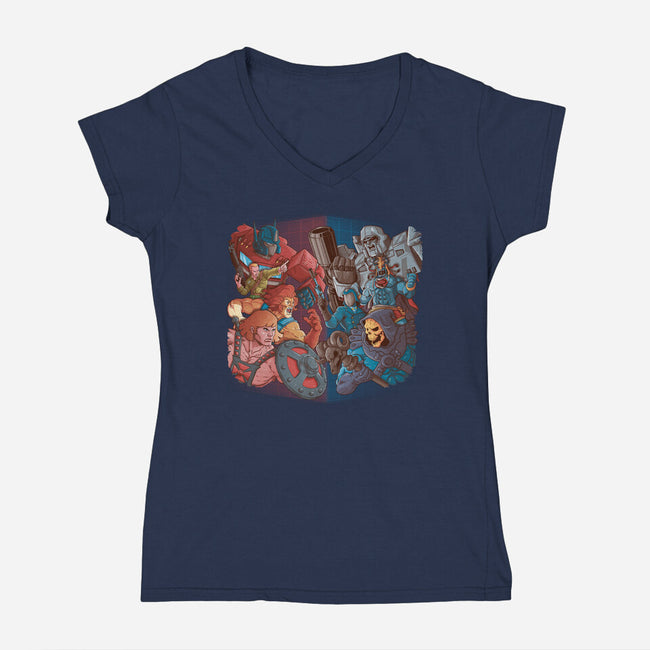 Cartoon Clash-Womens-V-Neck-Tee-Skullpy