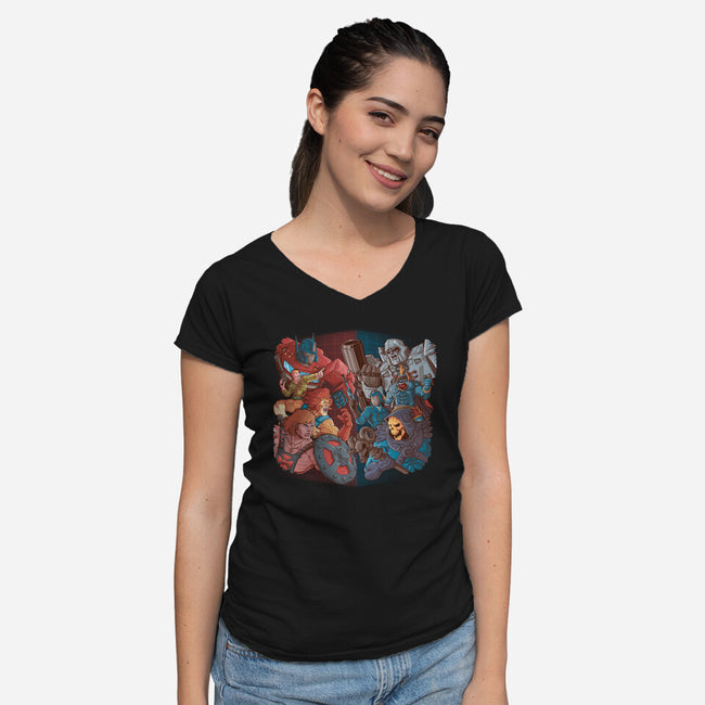 Cartoon Clash-Womens-V-Neck-Tee-Skullpy