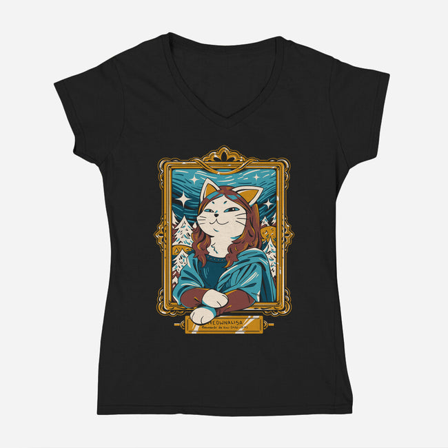 Meownalisa-Womens-V-Neck-Tee-yumie