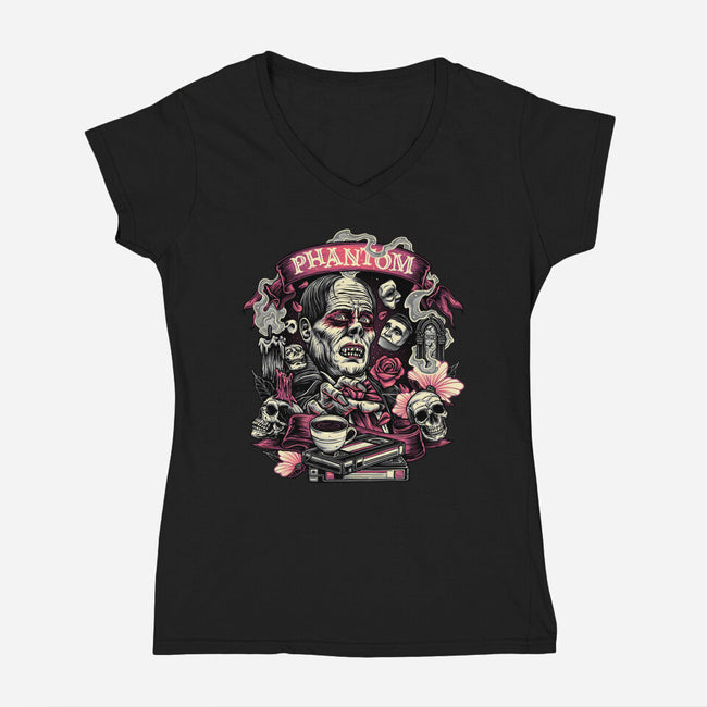 Many Faces Of The Phantom-Womens-V-Neck-Tee-glitchygorilla