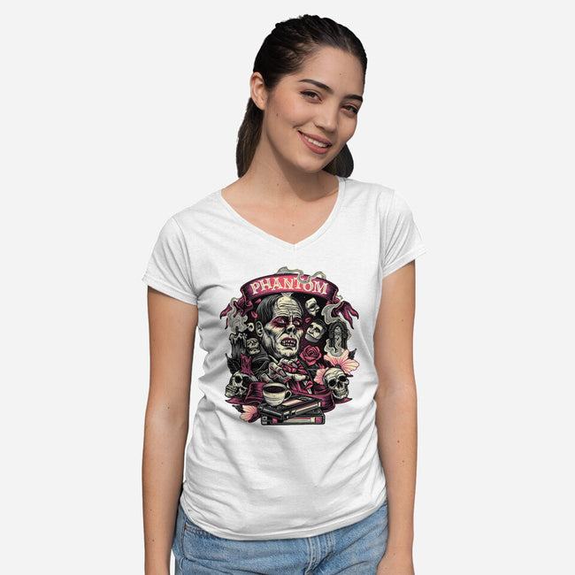 Many Faces Of The Phantom-Womens-V-Neck-Tee-glitchygorilla