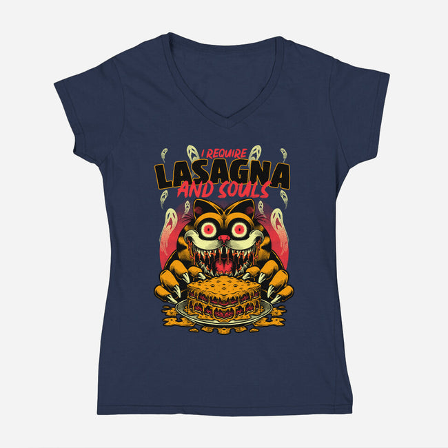 Creepy Cat Lasagna-Womens-V-Neck-Tee-Studio Mootant