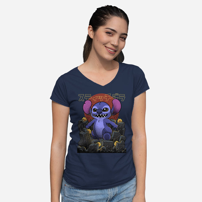 Stitchzilla-Womens-V-Neck-Tee-Astrobot Invention