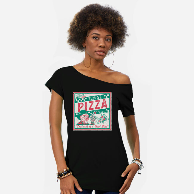 Elm St Pizza-Womens-Off Shoulder-Tee-Nemons