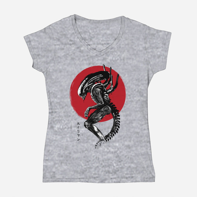 Xenomorph Sumi-e-Womens-V-Neck-Tee-DrMonekers