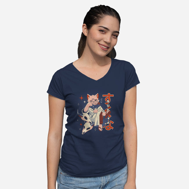 Sukuna Cat-Womens-V-Neck-Tee-yumie