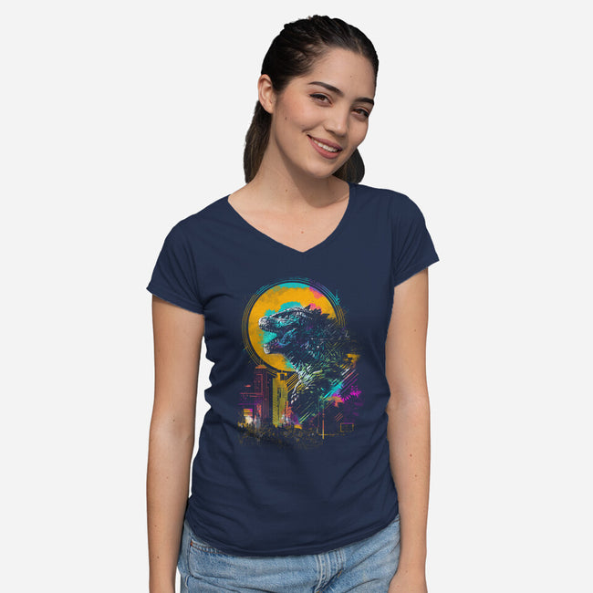 The Mighty Kaiju-Womens-V-Neck-Tee-kharmazero