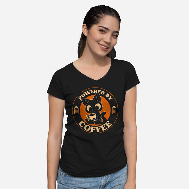 Powered By Coffee Cat-Womens-V-Neck-Tee-worlddominationforcats