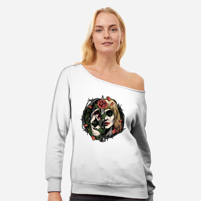 Strange Couple-Womens-Off Shoulder-Sweatshirt-glitchygorilla