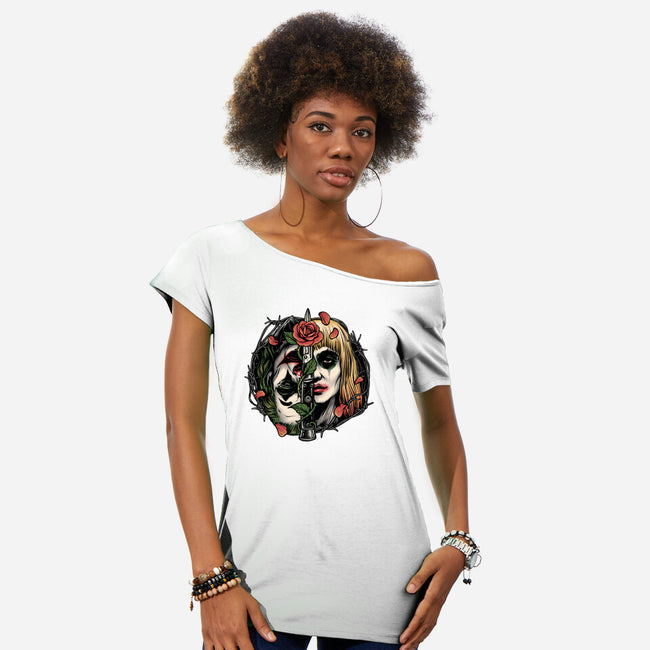 Strange Couple-Womens-Off Shoulder-Tee-glitchygorilla