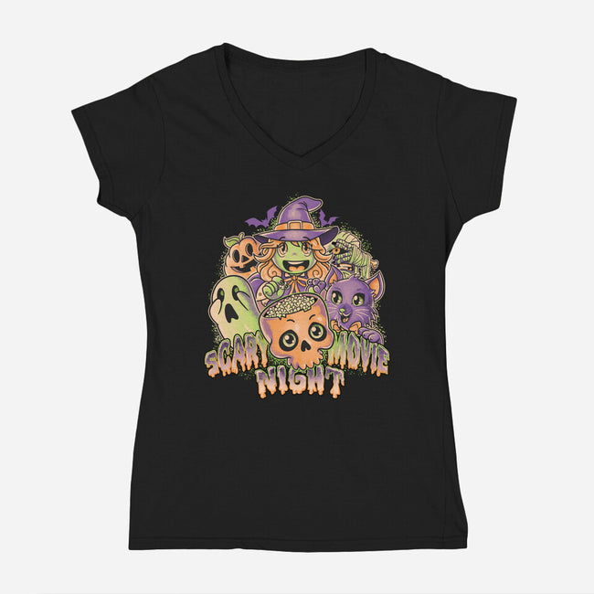 Scary Movie Night-Womens-V-Neck-Tee-Skullpy