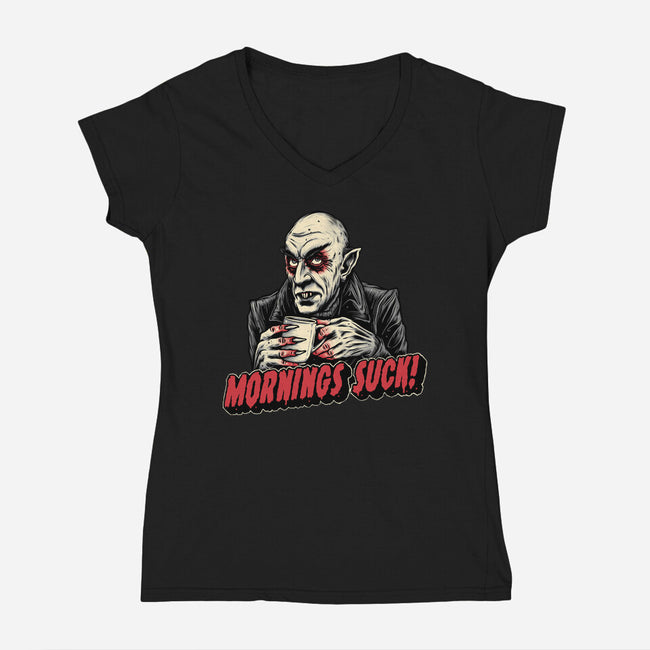 Mornings Are Sucky-Womens-V-Neck-Tee-glitchygorilla