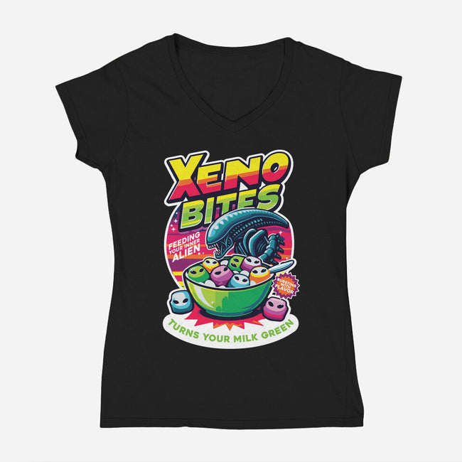 Xeno Bites-Womens-V-Neck-Tee-Joel