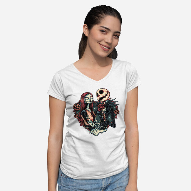 Skeleton Love-Womens-V-Neck-Tee-glitchygorilla