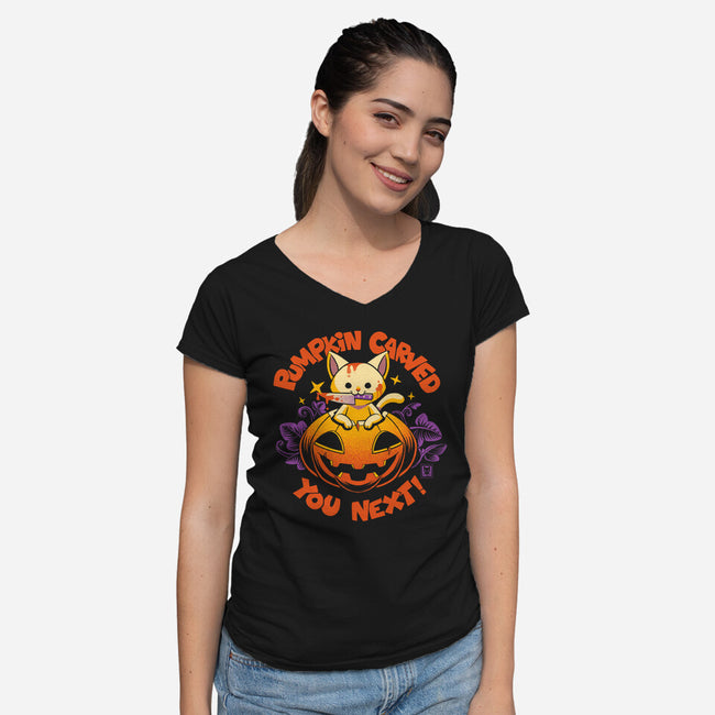 Pumpkin Carved You Next-Womens-V-Neck-Tee-worlddominationforcats