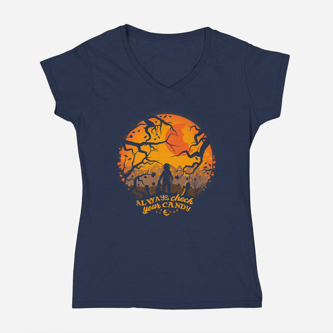 Always Check Your Candy Sam-Womens-V-Neck-Tee-rocketman_art