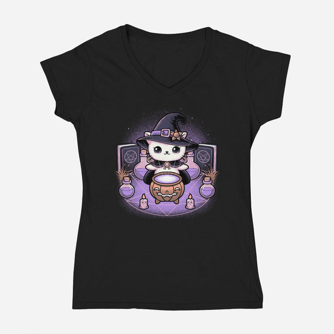 Spooky Witch Cat-Womens-V-Neck-Tee-Astrobot Invention