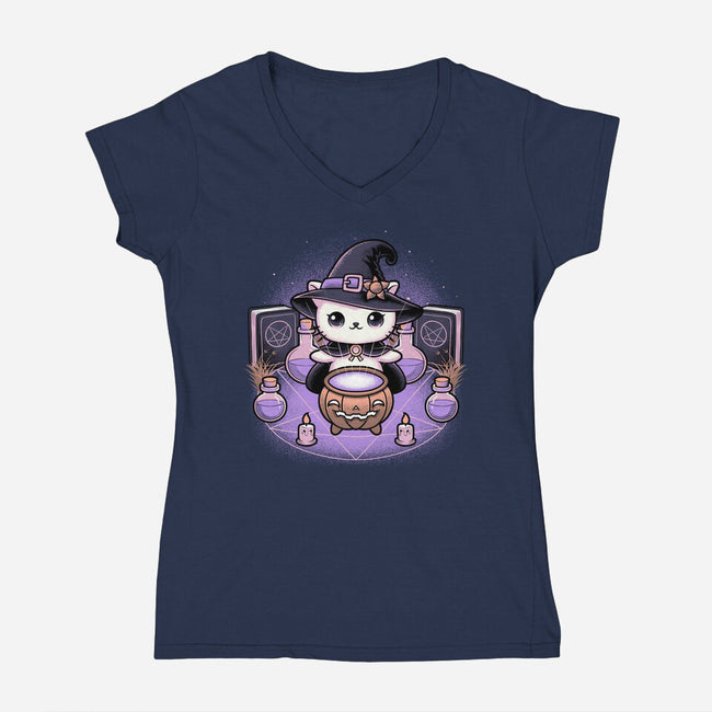 Spooky Witch Cat-Womens-V-Neck-Tee-Astrobot Invention