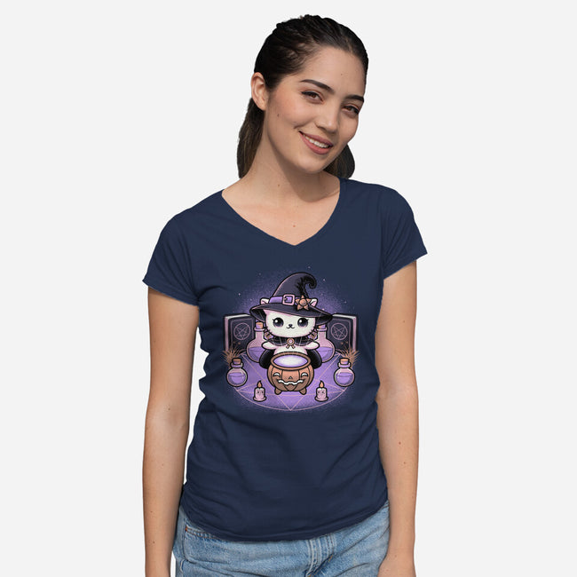 Spooky Witch Cat-Womens-V-Neck-Tee-Astrobot Invention