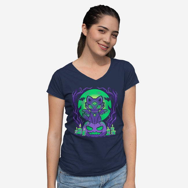 Spooky Moonlit Cat-Womens-V-Neck-Tee-TechraNova