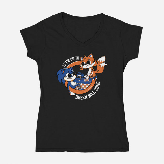 Green Hill Zone Heroes-Womens-V-Neck-Tee-Ca Mask