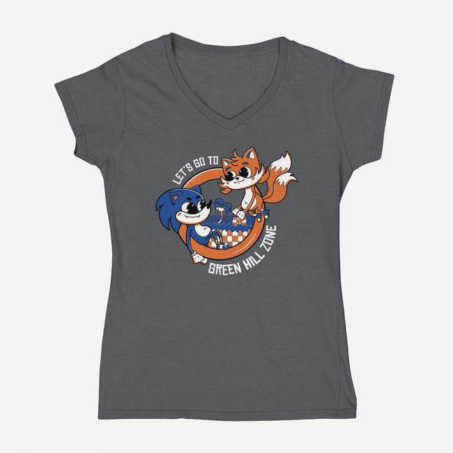 Green Hill Zone Heroes-Womens-V-Neck-Tee-Ca Mask