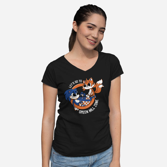 Green Hill Zone Heroes-Womens-V-Neck-Tee-Ca Mask