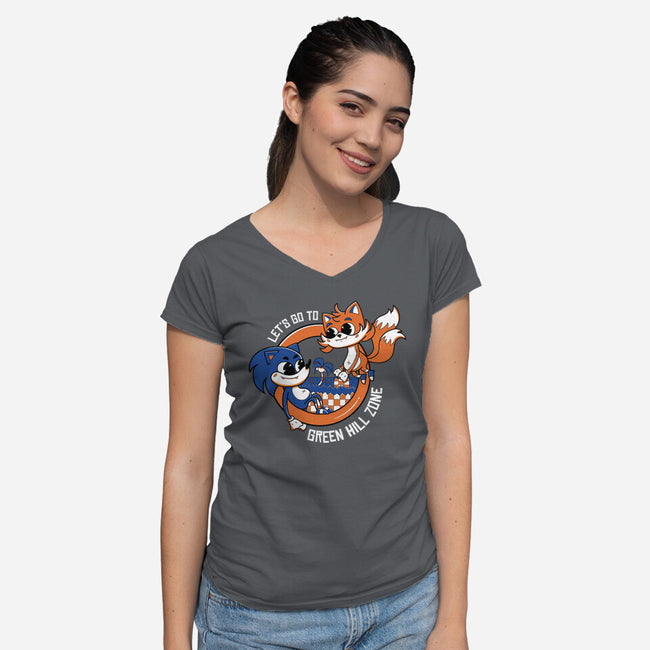 Green Hill Zone Heroes-Womens-V-Neck-Tee-Ca Mask