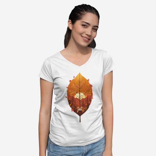 Red Leaf Panda-Womens-V-Neck-Tee-dandingeroz