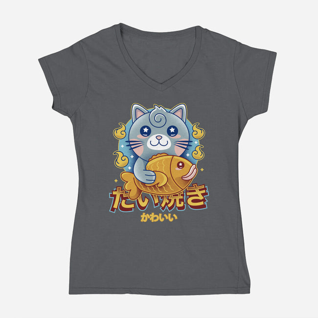 Cat And Taiyaki Kawaii-Womens-V-Neck-Tee-LAGELANTEE