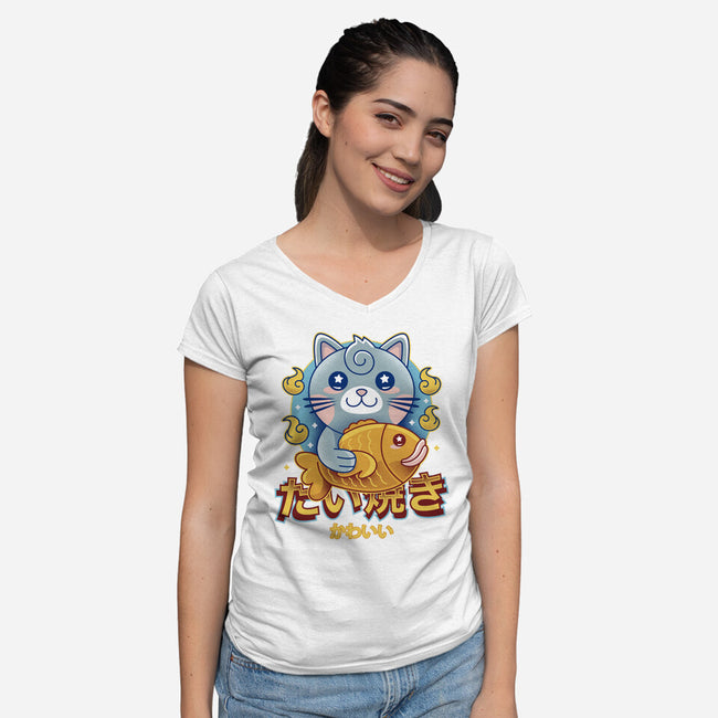 Cat And Taiyaki Kawaii-Womens-V-Neck-Tee-LAGELANTEE